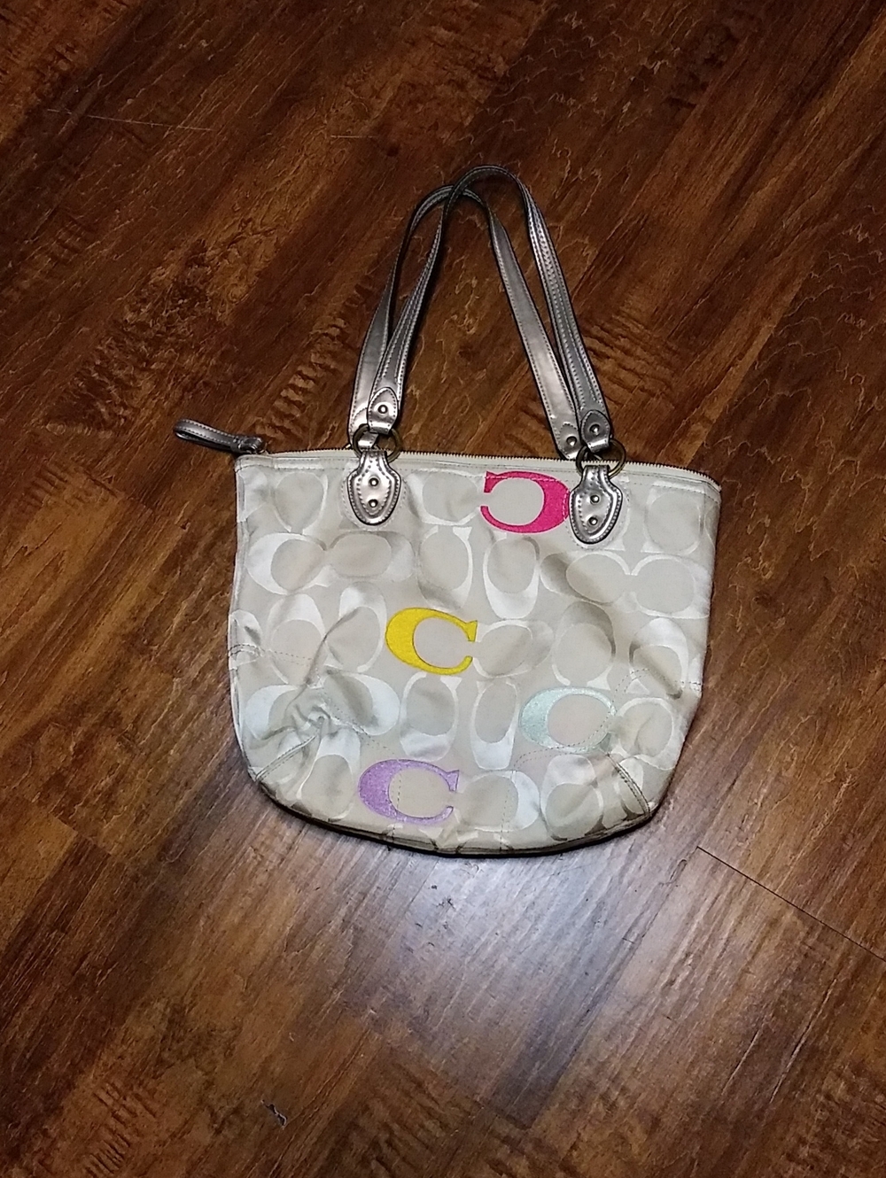 Coach Beige Signature Canvas Tote with Colorful 'C' Accents
